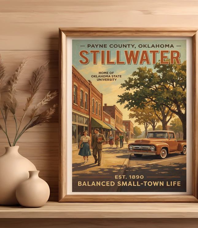 Payne County, Oklahoma Stillwater poster featuring a vintage truck and town scene.