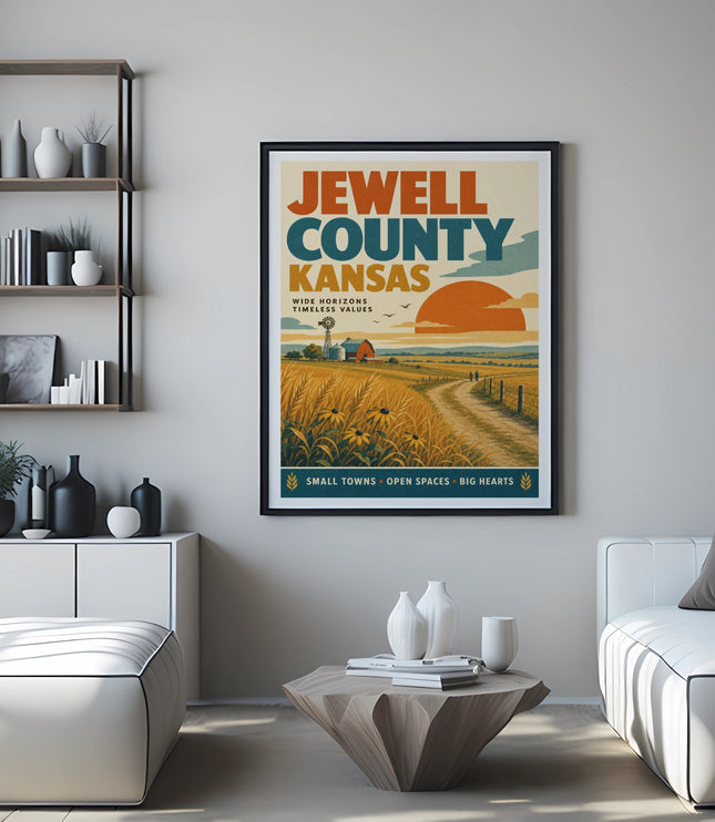 Jewell County Kansas travel poster with farmland, sun, and text.