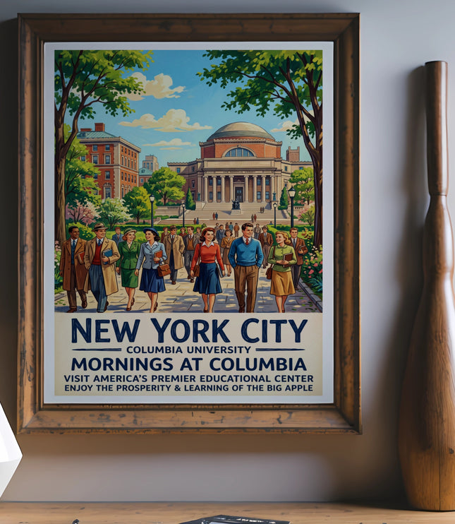 Vintage poster of Columbia University campus with people walking and text: "New York City Mornings at Columbia".
