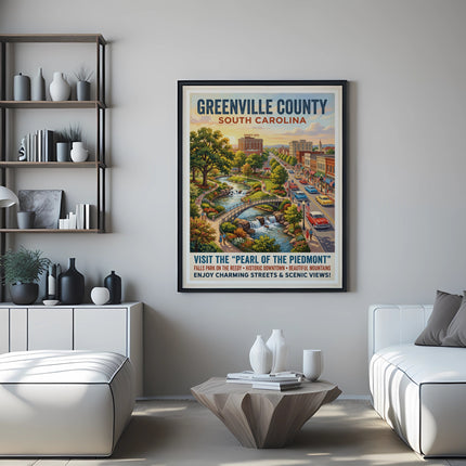 Greenville County South Carolina poster with city street, park, and text "Pearl of the Piedmont".