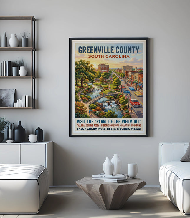 Greenville County South Carolina poster with city street, park, and text "Pearl of the Piedmont".