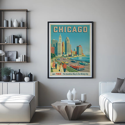 Vintage Chicago travel poster with skyline and TWA logo.