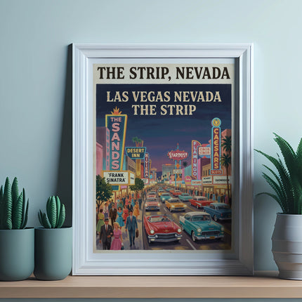 Poster of Las Vegas Strip with vintage cars and iconic hotel signs.