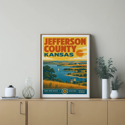 Jefferson County Kansas travel poster with landscape, sun, and text.