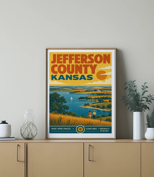 Jefferson County Kansas travel poster with landscape, sun, and text.