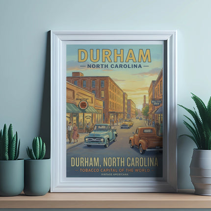 Framed poster of Durham, North Carolina street scene with vintage cars and people.