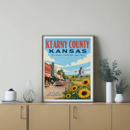 Vintage poster for Kearny County, Kansas featuring a landscape and text.