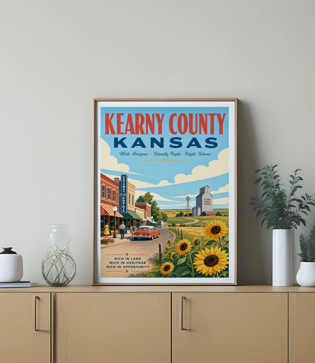 Vintage poster for Kearny County, Kansas featuring a landscape and text.