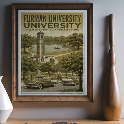 Furman University poster with clock tower, lake, and vintage cars.
