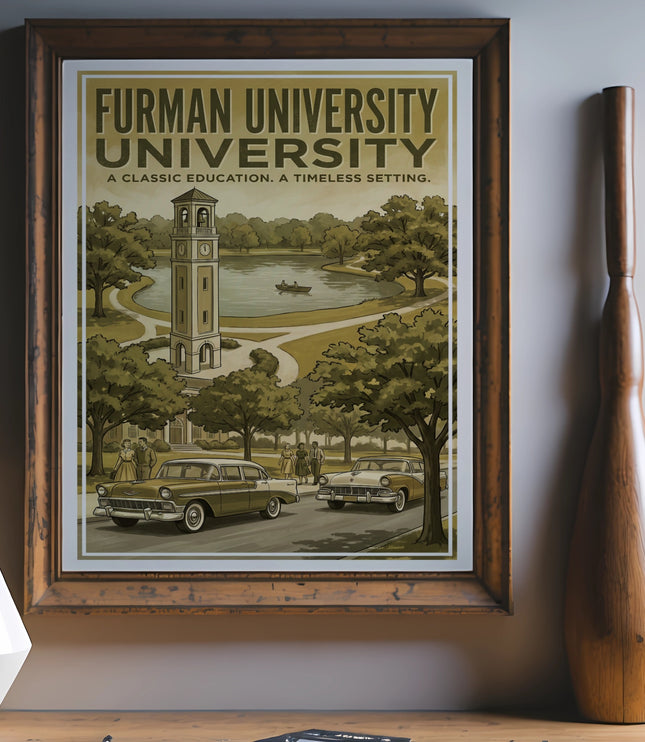 Furman University poster with clock tower, lake, and vintage cars.
