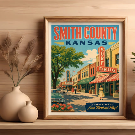 Vintage poster for Smith County, Kansas, featuring a street scene with Surf Drug.