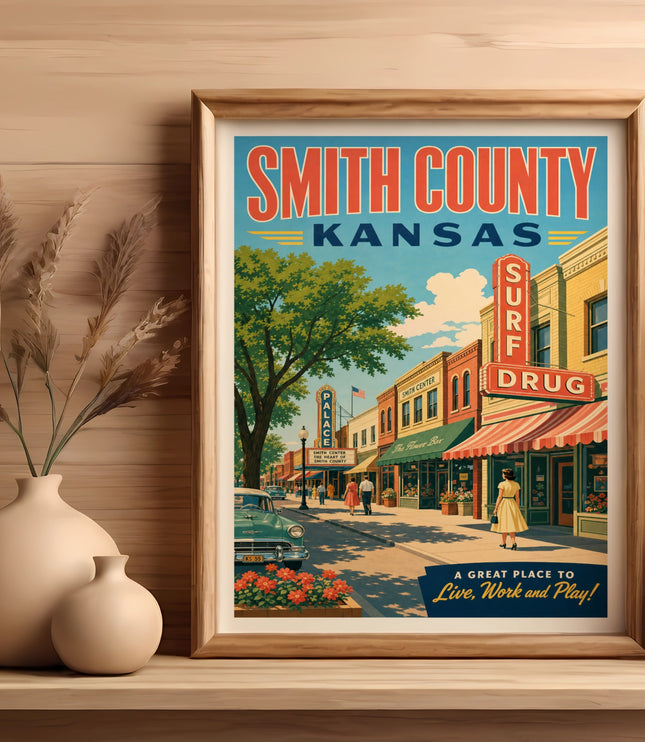 Vintage poster for Smith County, Kansas, featuring a street scene with Surf Drug.