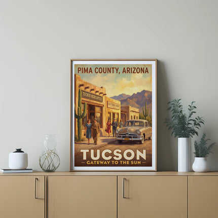 Vintage travel poster for Tucson, Arizona featuring buildings, people, and a classic car.