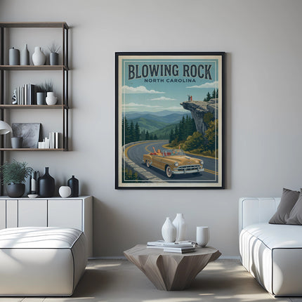 Vintage Blowing Rock, North Carolina poster with a convertible and mountain scene.