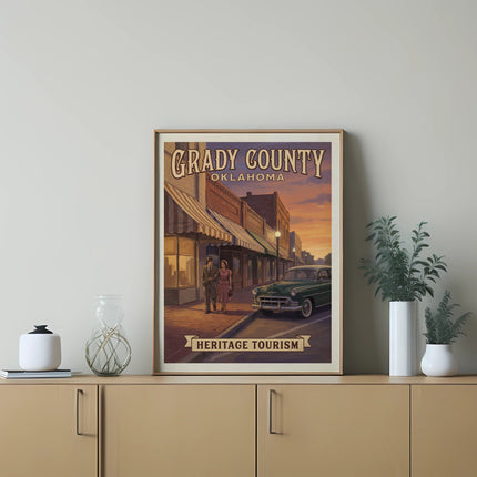 Vintage poster of Grady County, Oklahoma with a couple walking past a classic car and storefronts.