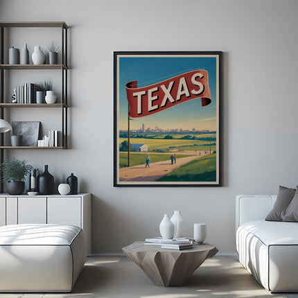 Vintage Texas travel poster depicting a countryside scene with a city skyline.