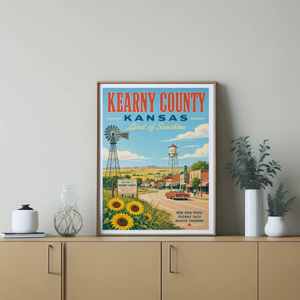 Kearny County, Kansas, Land of Sunshine vintage travel poster with town and sunflowers.