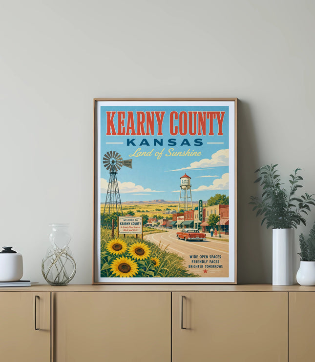 Kearny County, Kansas, Land of Sunshine vintage travel poster with town and sunflowers.