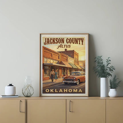 Retro poster with "Jackson County Altus Oklahoma" text, vintage car, and couple walking.