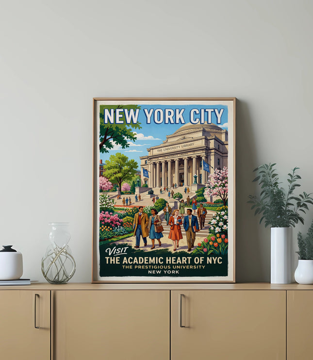 New York City vintage travel poster depicting students walking by a library.