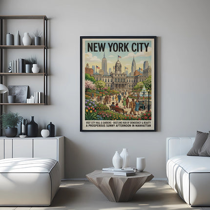 New York City poster with City Hall, gardens, and text.