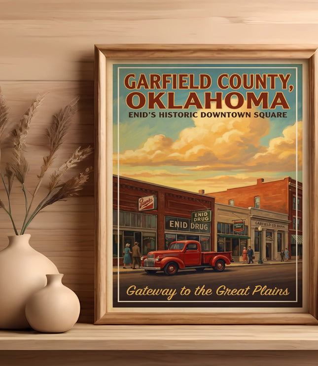 Garfield County, Oklahoma poster featuring Enid's historic square, red truck, and "Gateway to the Great Plains".