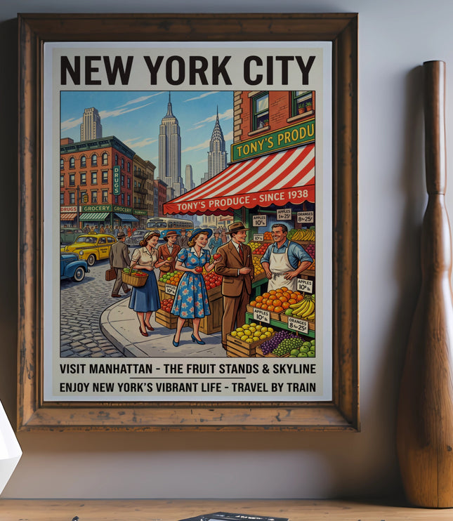New York City poster depicting fruit stands and skyline with people and vintage cars.