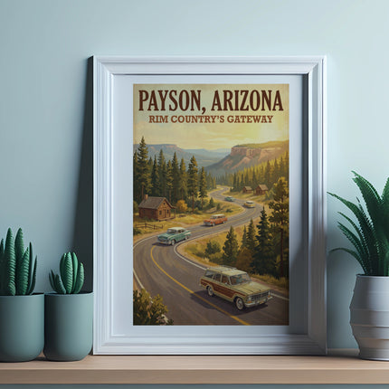 Payson, Arizona poster with vintage cars on a winding road through pine trees.