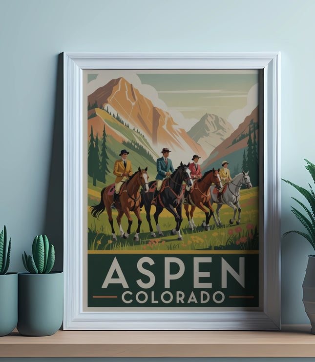 Framed print with riders on horseback in Aspen, Colorado mountains.