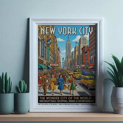 Vintage New York City poster with yellow cabs and pedestrians, "NEW YORK CITY" text at top.