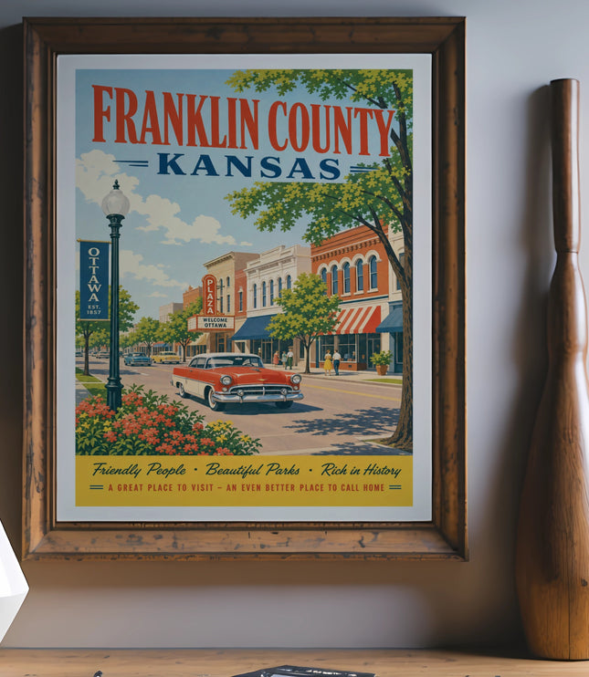 Vintage poster for Franklin County, Kansas, featuring Ottawa and a red car.