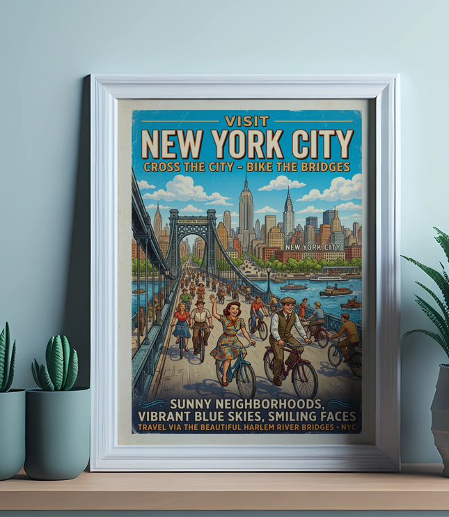 Vintage New York City poster depicting people cycling across a bridge with city skyline.