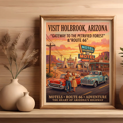 Holbrook, Arizona Route 66 vintage travel poster with motel and diner.