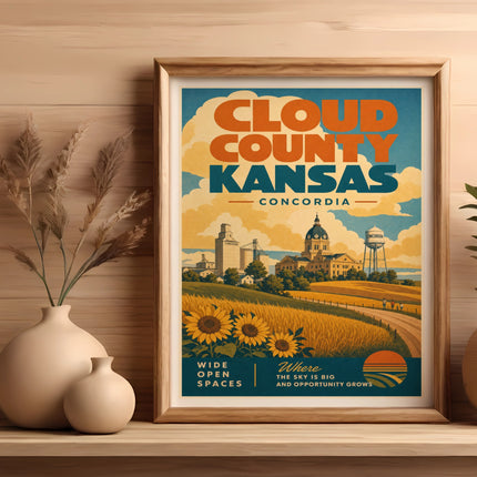 Vintage travel poster for Cloud County, Kansas, featuring sunflowers and Concordia.