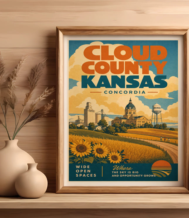 Vintage travel poster for Cloud County, Kansas, featuring sunflowers and Concordia.