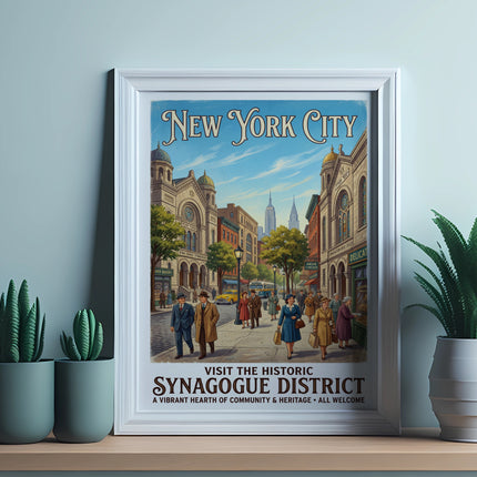 New York City historic synagogue district poster with people and buildings.
