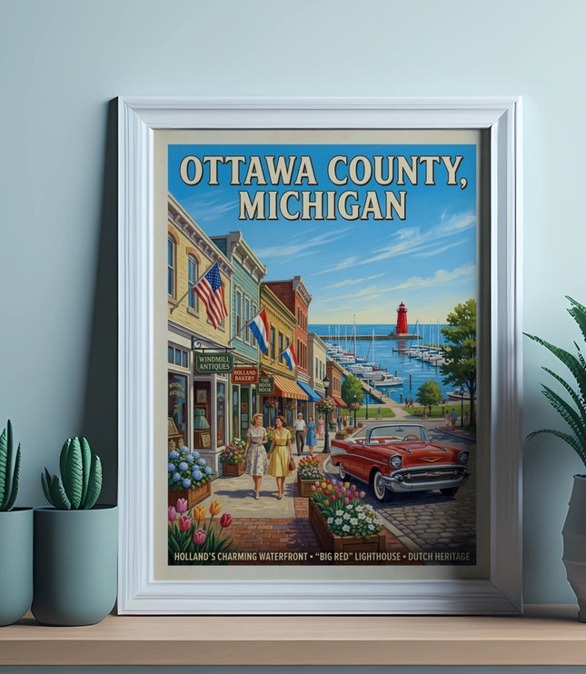 Vintage style illustration of Holland, Michigan waterfront with shops, car, lighthouse, and boats.