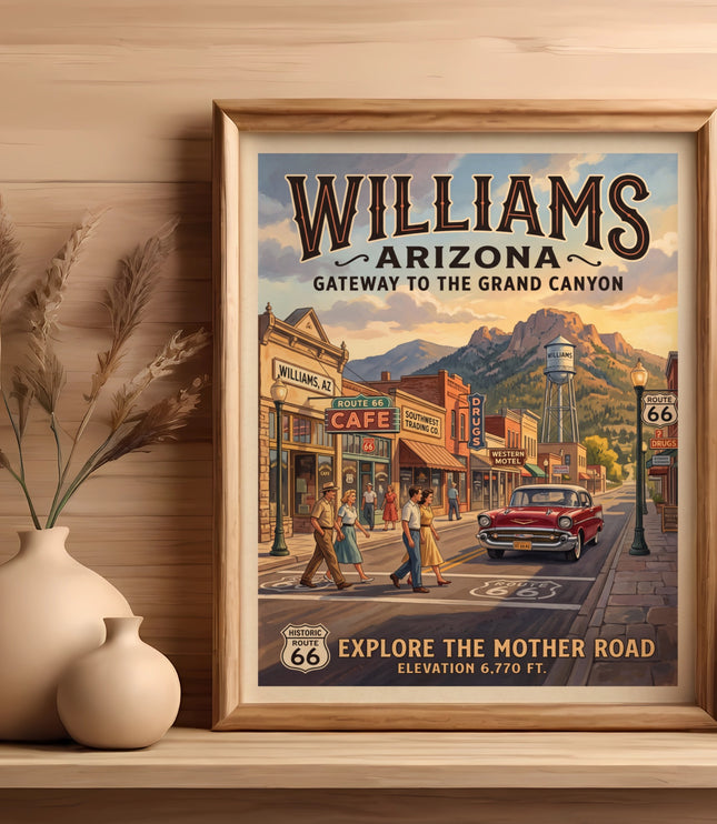 Vintage poster of Williams, Arizona, gateway to the Grand Canyon, with Route 66 landmarks and a classic car.