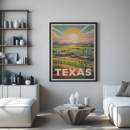 Texas travel poster featuring a cityscape and sun setting over rolling hills.