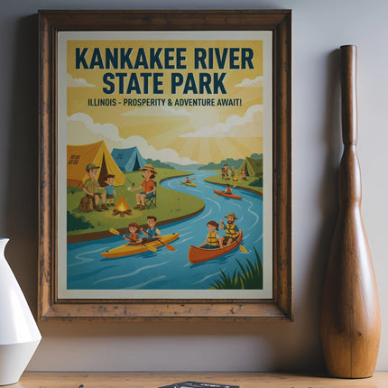 Kankakee River State Park poster showing people kayaking and camping.