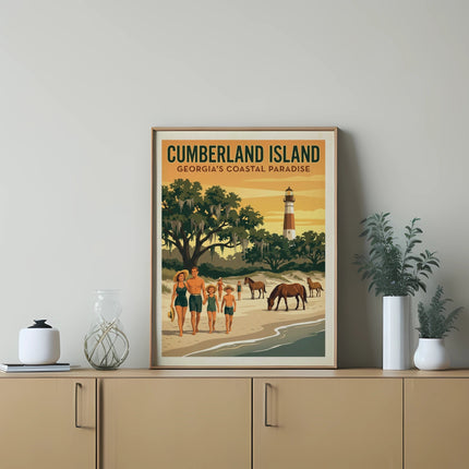 Cumberland Island, Georgia's Coastal Paradise poster with family on beach and lighthouse.