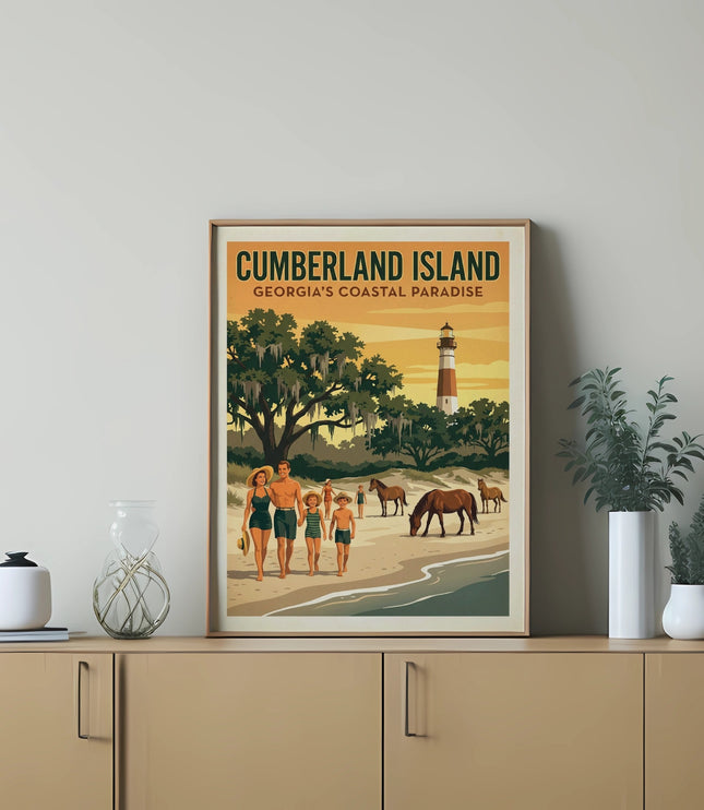 Cumberland Island, Georgia's Coastal Paradise poster with family on beach and lighthouse.