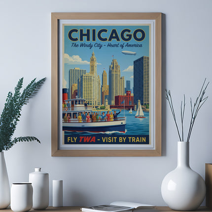 Framed vintage travel poster for Chicago, featuring a boat and skyline.