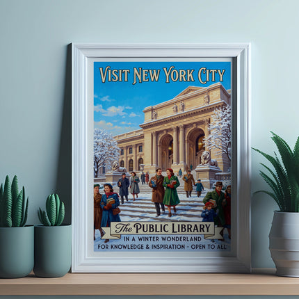 Vintage poster: Visit New York City, The Public Library in winter wonderland.