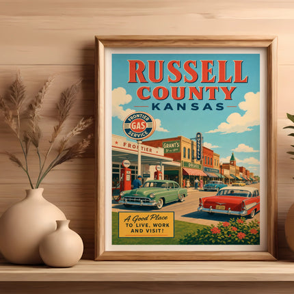 Retro Russell County, Kansas travel poster featuring vintage cars and businesses.