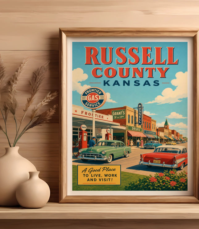 Retro Russell County, Kansas travel poster featuring vintage cars and businesses.
