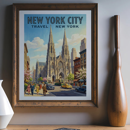 Vintage New York City travel poster with gothic cathedral and street scene.