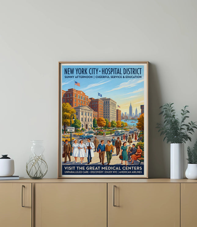 New York City Hospital District vintage poster with people and city skyline.