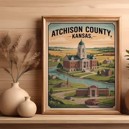 Framed artwork of Atchison County, Kansas with buildings, river, and fields.