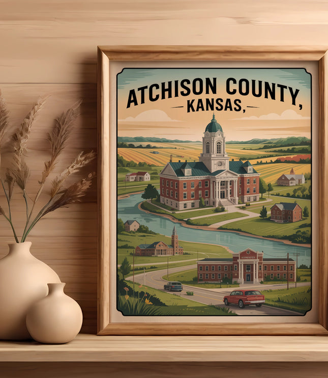 Framed artwork of Atchison County, Kansas with buildings, river, and fields.